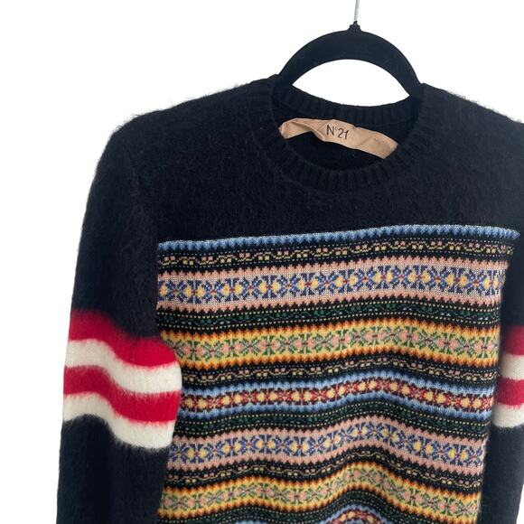 No. 21 Color Block Fair Isle Knit Crewneck Sweater Black Multicolor Womens US 8? - Picture 3 of 7